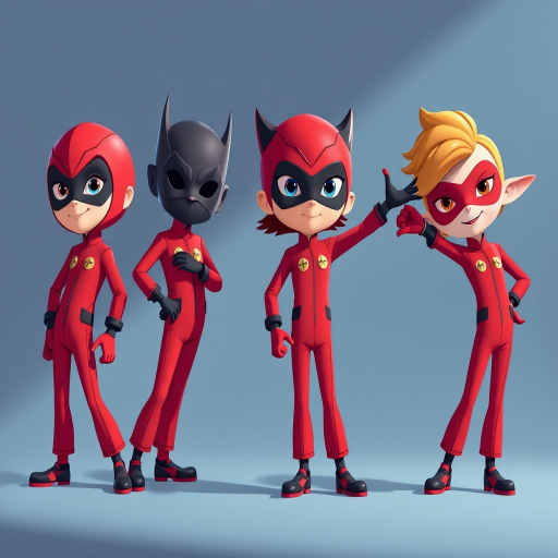 Design an illustration of four stylized characters in red jumpsuits with unique mask designs standing in playful poses, featuring a close-up view, sharp focus, high-resolution vector style, using an illustrative camera type with a 50mm lens, f/1.8 aperture, and soft lighting for enhanced vibrancy.
