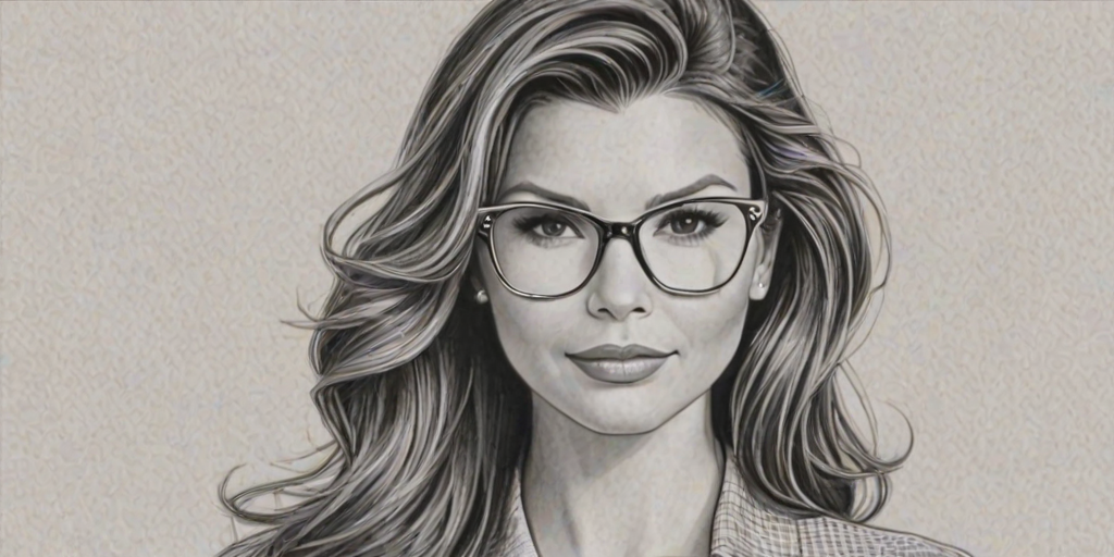 Alluring Ali Landry, pencil sketch, portrait of Wonderful woman 1948s in glasses, hair style beatnik, outline, clear lines, fine lines, 8k