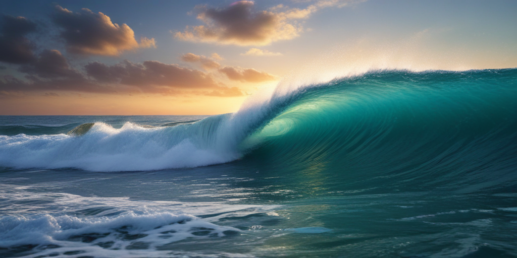 Majestic Ocean Waves Crashing Under a Beautiful Sunset Sky at Dusk
