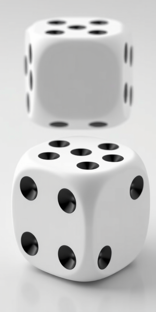 Create a 3D rendering of a white six-sided die with black dots, viewed from a slightly elevated angle, using a DSLR camera with a 50mm lens, aperture set to f/2.8, ISO 100, and a soft diffused lighting setup for a polished look.