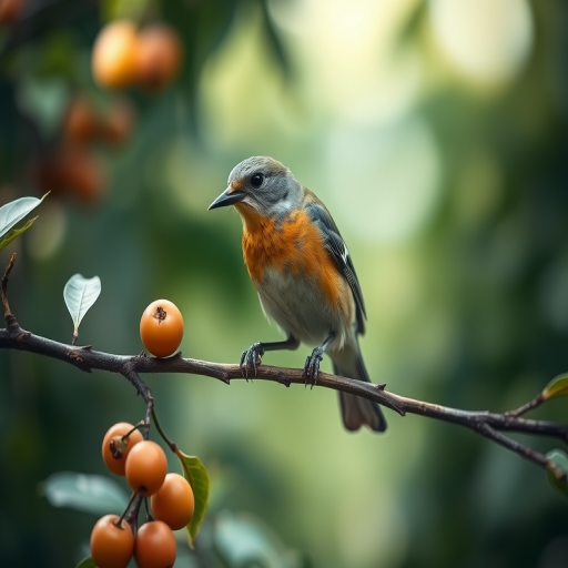 regenerate an image of a bird perched on a branch eating fruit, with a shallow depth of field, using a DSLR camera, 50mm lens, aperture set to f/2.8, ISO 200, soft natural lighting, captured from eye-level.