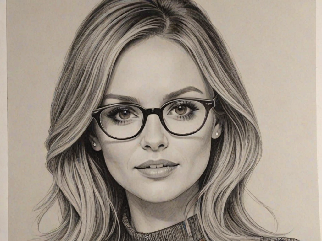 Magnificent Carly Pearce, pencil sketch, portrait of Enchanting woman 1961s in glasses, hair style beatnik, outline, clear lines, fine lines, 8k