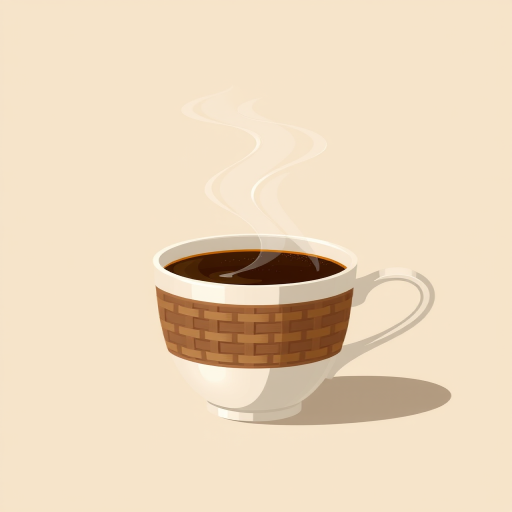 Create a high-quality illustration of a steaming cup of coffee with a woven pattern on the cup, set against a neutral background, using a DSLR camera with a 50mm lens, f/1.8 aperture, ISO 100, and soft natural lighting to enhance details and emphasize the steam.