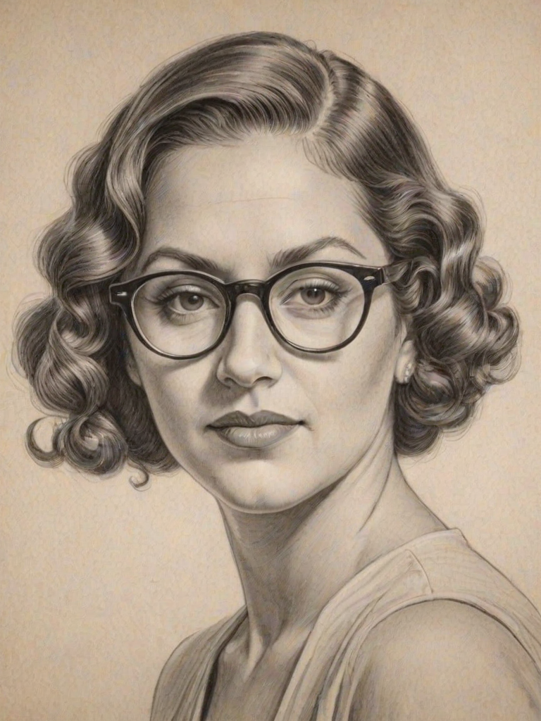 Captivating Marissa Jaret Winokur, pencil sketch, portrait of Beauteous woman 1934s in glasses, hair style beatnik, outline, clear lines, fine lines, 8k