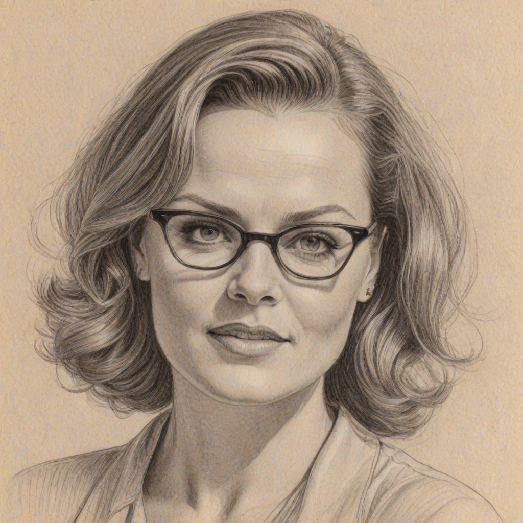 Delightful Belinda Carlisle, pencil sketch, portrait of Enchanting woman 1939s in glasses, hair style beatnik, outline, clear lines, fine lines, 8k