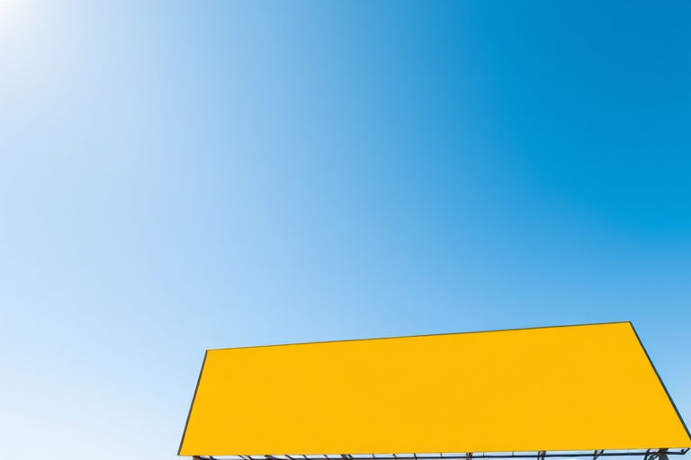 Create a clear yellow billboard against a bright blue sky, captured with a DSLR camera at f/8, ISO 100, 1/200s, wide-angle lens, landscape view.