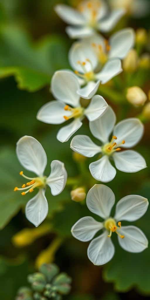 capture a close-up of white potato flowers with yellow stamens on green foliage, aperture f/2.8, shutter speed 1/250 sec, ISO 200, macro lens, natural light, shallow depth of field, focus on flowers with a blurred background