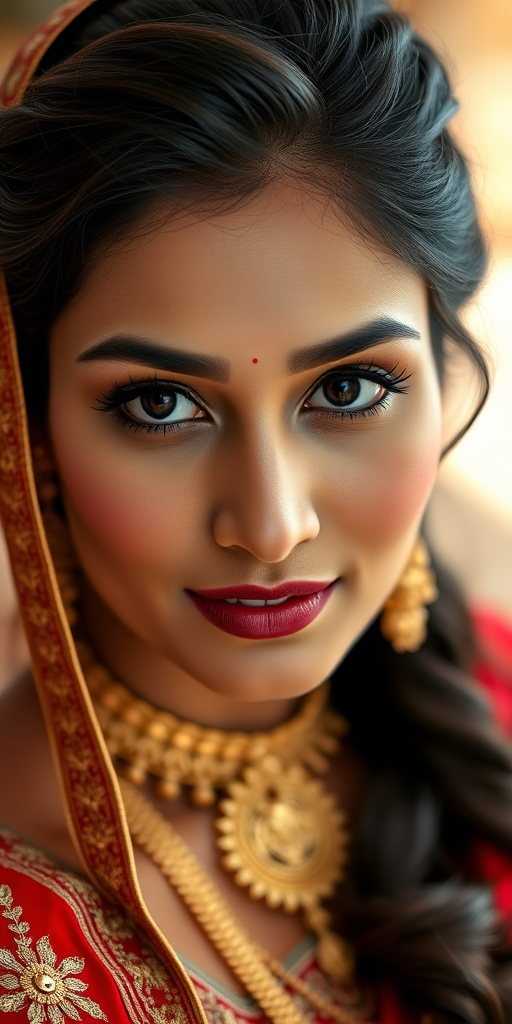 Capture a close-up portrait of a woman in elegant traditional attire with intricate details, soft bokeh background, using a DSLR camera, 85mm lens, aperture f/1.8, ISO 100, shutter speed 1/200s, natural lighting to enhance the vibrancy of colors and fine details.