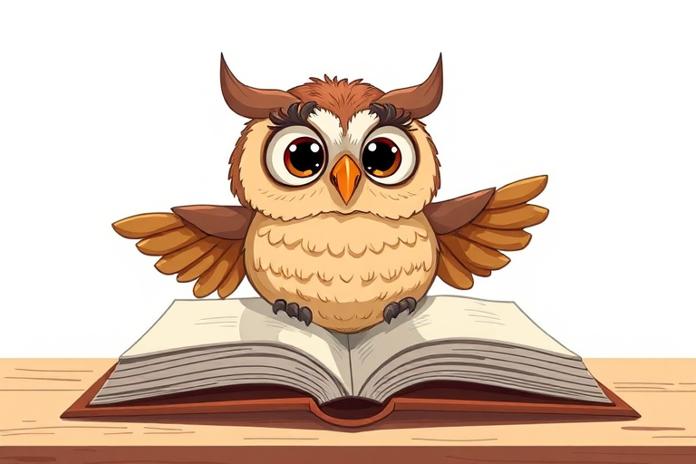 Create a whimsical illustration of a cartoon owl perched on an open book with exaggerated features, using a DSLR camera with a 50mm lens at f/2.8, shot from a slightly elevated angle in soft natural light to enhance colors and details.