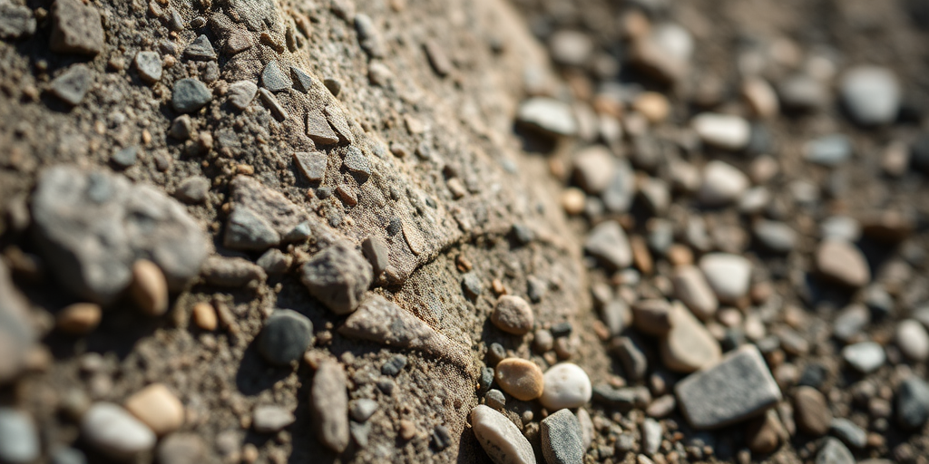 a close-up view of textured gravel and rock surfaces, taken with a DSLR camera at f/8 aperture, 1/250 sec shutter speed, ISO 100, natural sunlight, macro lens, high resolution