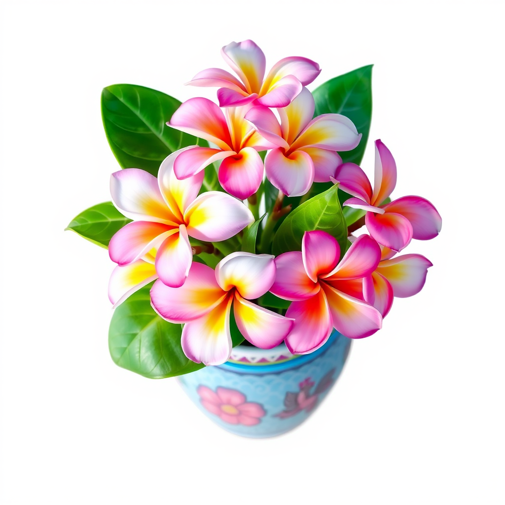 A vibrant illustration of a plumeria flower arrangement in a decorative pot, with a detailed focus on the flowers and pot design, overhead view, DSLR camera, f/1.8, ISO 100, 50mm lens, natural lighting.