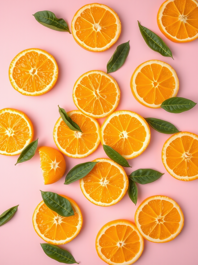 Create a high-resolution image of fresh orange slices scattered on a soft pink background with green leaves, using a DSLR camera with a 50mm lens, aperture set to f/1.8, shutter speed 1/200s, ISO 100, and a top-down view to enhance depth and texture.