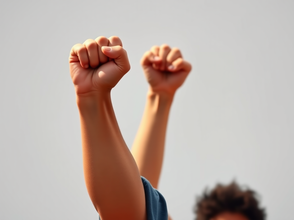 Generate a high-definition vector illustration of a raised fist symbolizing empowerment, using a Canon EOS R5, 50mm lens, f/1.8 aperture, ISO 100, soft natural lighting, and a clean background to enhance details and contrast.