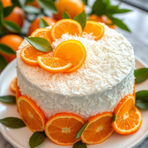 A beautifully decorated cake with a fluffy white frosting topped with a generous layer of coconut flakes and arranged with vibrant orange slices and segments around the edge. The cake is placed on a white plate with fresh green leaves and bright oranges in the background, creating a fresh and inviting atmosphere.