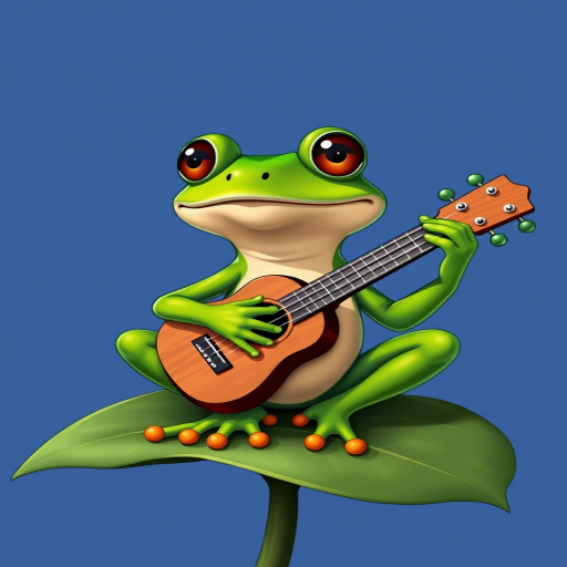 A cartoon frog playing a ukulele while sitting on a leaf, vibrant green color, playful expression, with a simple blue background, taken with a DSLR camera, 50mm lens at f/1.8, ISO 100, shot in natural light, high saturation for enhanced colors.