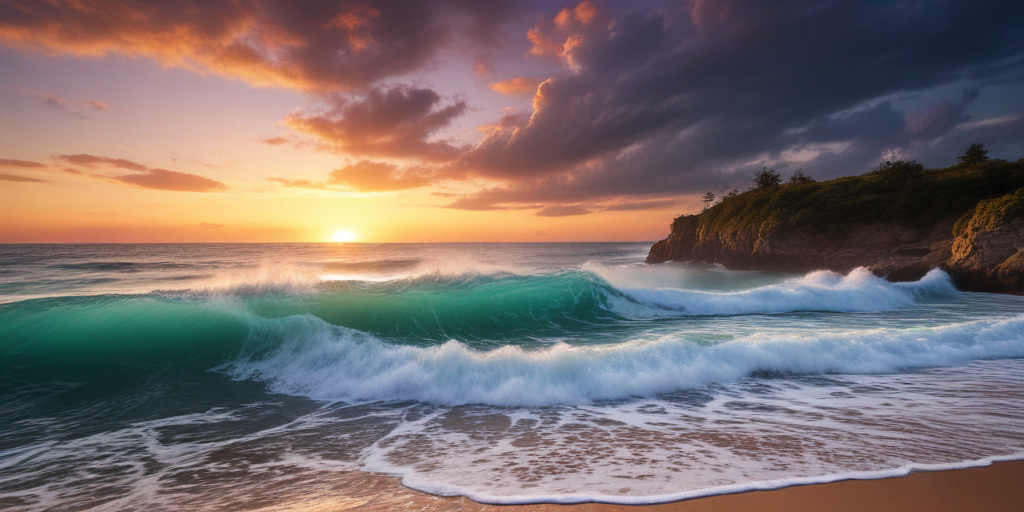 Serene Sunset Over Gentle Waves Crashing on a Tranquil Beach