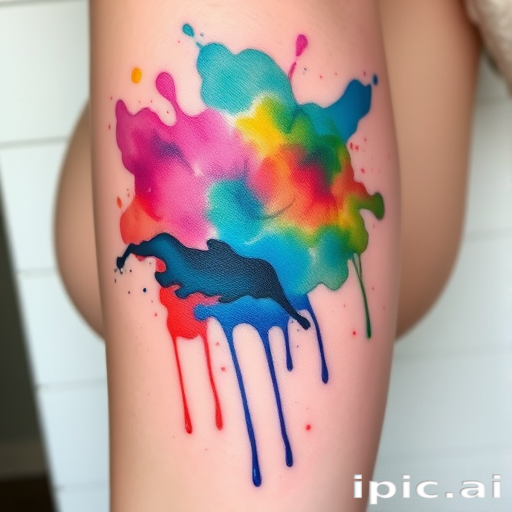 Watercolor splash tattoo named "Liquid Dreams" with vibrant abstract paint splatters and drips in a rainbow of colors blending seamlessly with delicate linework silhouettes