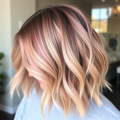 Soft rose gold lob named "Blush Horizon" with subtle root shadow and tousled waves, styled with a deep side part and effortless lived-in texture