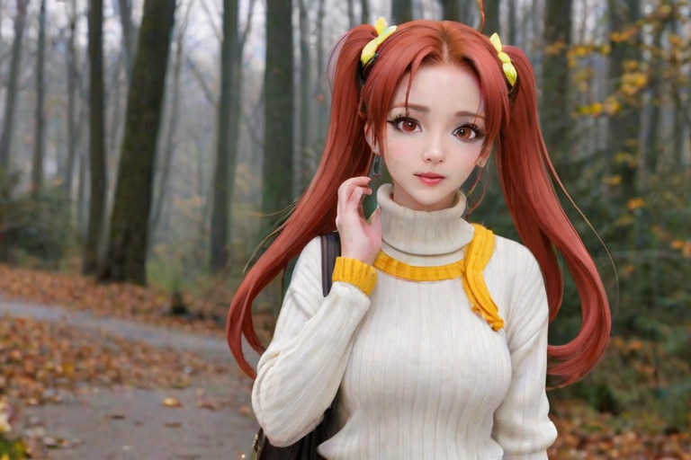 masterpiece, best quality, 1girl, red hair, twintails, very long hair, yellow eyes, large breasts, turtleneck sweater, white sweater, ribbed sweater, hair scrunchie, reaching towards viewer, beckoning, parted lips, festival, outdoors, handbag,