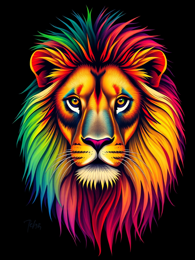Create a vibrant and colorful illustration of a lion with a rainbow mane, focus on detailed fur texture, use a Canon EOS R5 with a 50mm f/1.2 lens, aperture set to f/2.8, ISO 100, and a shutter speed of 1/250s, ensuring a sharp focus and rich color saturation against a dark background.