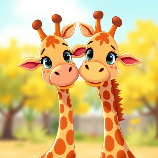 create a vibrant illustration of two cartoon giraffes standing closely together with a playful design, using a soft focus lens at f/4 for a shallow depth of field, captured from a low angle view to emphasize their height, in a bright and colorful style with a digital art finish.