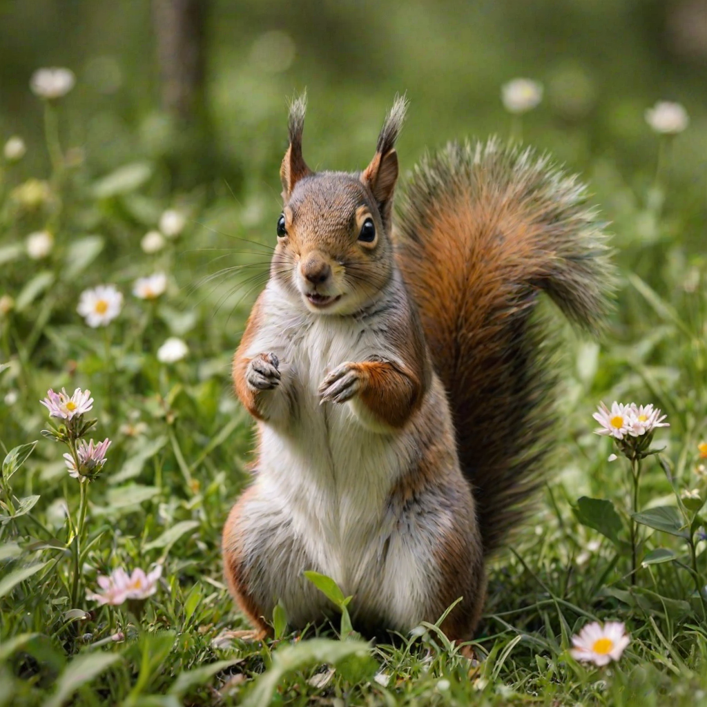 Generate an image of a cute squirrel with gray and brown fur standing on its hind legs in a grassy field, holding a nut, surrounded by green foliage and flowers.