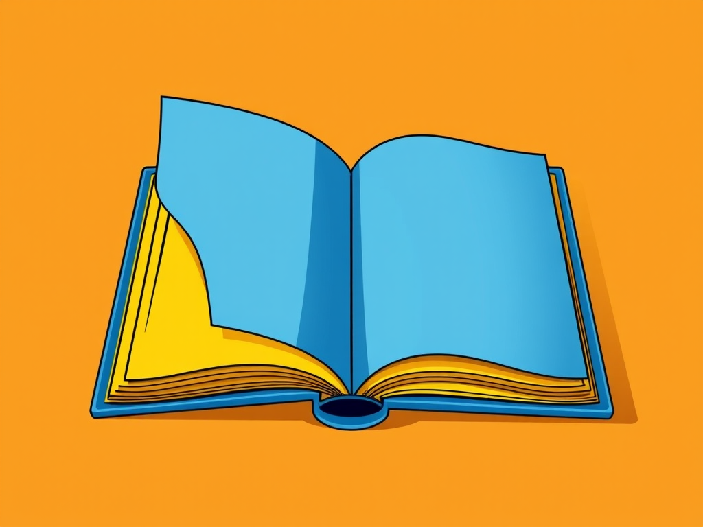 Create a vector illustration of an open photo book with a blue cover and yellow pages, on an orange background, using a digital art style, with a focus on bright colors and clean lines, simulating a 50mm lens, f/2.8 aperture, and ISO 100 for clarity.