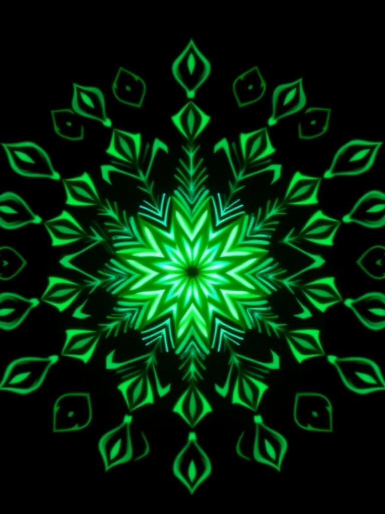 Create a vibrant mandala design featuring a central snowflake with glowing green accents and intricate geometric patterns on a dark background, using a Canon EOS 5D Mark IV with a 50mm f/1.8 lens, aperture set to f/8, ISO 100, and a shallow depth of field for a clear and detailed image.