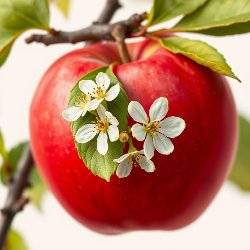 A botanical illustration of a red apple with white blossoms and green leaves on a branch, captured with a macro lens, aperture f/2.8, ISO 100, 50mm lens, studio lighting, high detail, smooth background.