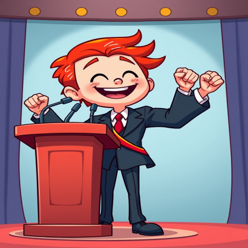 Create a high-resolution digital illustration of a cheerful cartoon character with stylish red hair, standing next to a podium with three raised fists, wearing a formal suit with a sash, captured in a vibrant, colorful cartoon style, using a Canon EOS 5D Mark IV, 50mm lens, f/1.8 aperture, ISO 100, soft lighting, and a slight low-angle perspective to enhance character prominence.