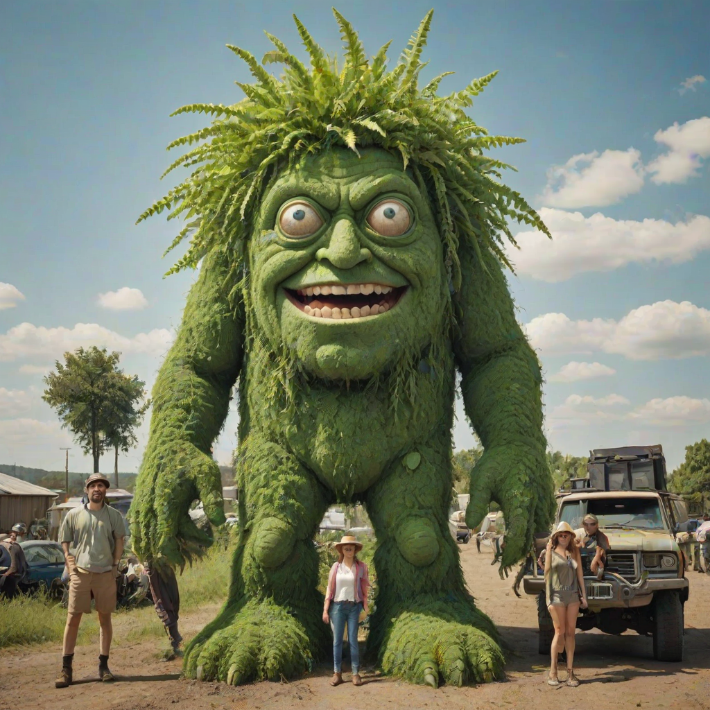 professional high-resolution photograph of 1giant green Cyclops with 2 eyes person made of plants,1woman, smile, 1man, hat, outdoors, multiple men, sky, day, 2men, grin, colored skin, traditional media, parody, ground vehicle, motor vehicle, car, green skin, truck, humongous giant green man standing in background, humongous green plant Cyclops person with 2 eyes