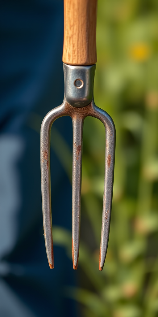 Create a high-resolution image of a traditional garden fork with a wooden handle and three metallic prongs, using a DSLR camera at f/2.8 aperture, ISO 100, 50mm lens, with a shallow depth of field and natural lighting to enhance detail and texture.