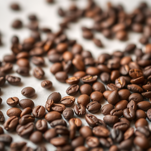 close-up of roasted coffee beans scattered on a light background, shallow depth of field, 50mm lens, f/2.8, ISO 100, natural light, DSLR camera