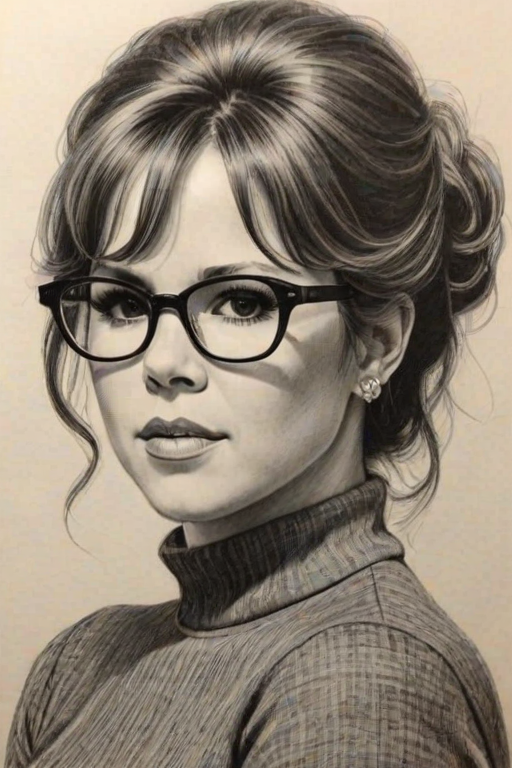 Attractive Linda Blair, pencil sketch, portrait of Magnificent woman 1967s in glasses, hair style beatnik, outline, clear lines, fine lines, 8k