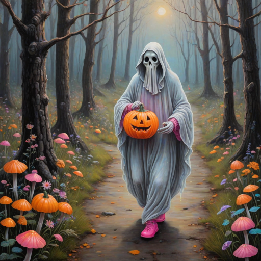 whimsical acrylic and oil painting, 3D, of a ghost, walking and carrying an orange pumpkin bucket and a lantern in the other hand, with bright pink croc shoes, background path in the enchanted forest, wildflowers, colorful mushrooms misty hues of black and orange with bright gold glitter, ultra detailed..Inspired by a prompt from another group