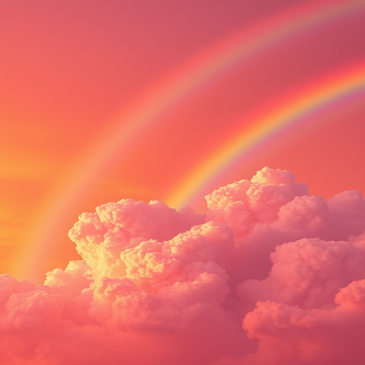 Create a vibrant illustration of a rainbow arching across a bright orange sky filled with fluffy pink clouds, captured with a Canon EOS R5 camera at f/8, ISO 100, 1/200s, with a macro lens for enhanced detail and vivid colors.