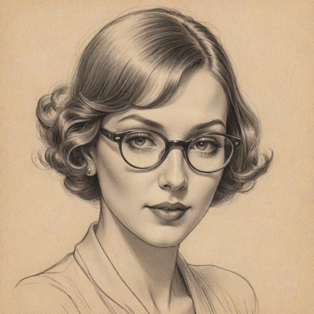 Appealing Mya, pencil sketch, portrait of Dazzling woman 1933s in glasses, hair style beatnik, outline, clear lines, fine lines, 8k