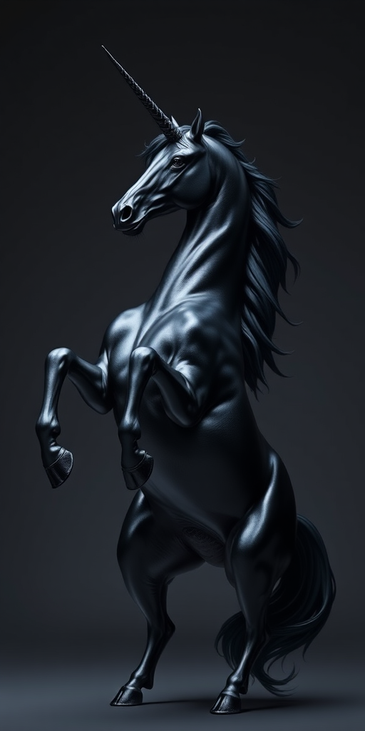 A majestic black unicorn rearing on its hind legs, detailed and realistic rendering, high resolution, soft studio lighting, aperture f/2.8, ISO 100, 50mm lens, portrait orientation, digital art style.