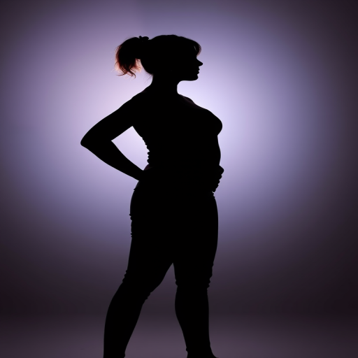 Create a high-resolution silhouette of a confident woman standing with hands on hips, captured with a Canon EOS R5 at f/2.8, ISO 100, 50mm lens, in portrait orientation, using a soft light setup for smooth gradients.