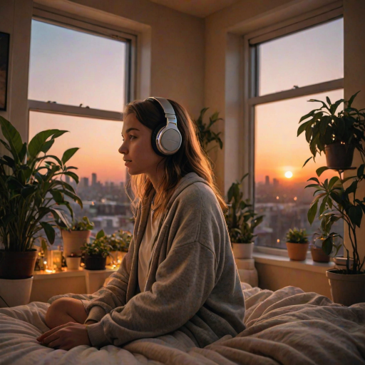 a cozy bedroom scene at sunset with a girl wearing headphones, gazing out a window filled with city lights, surrounded by plants, mugs, and a warm ambiance