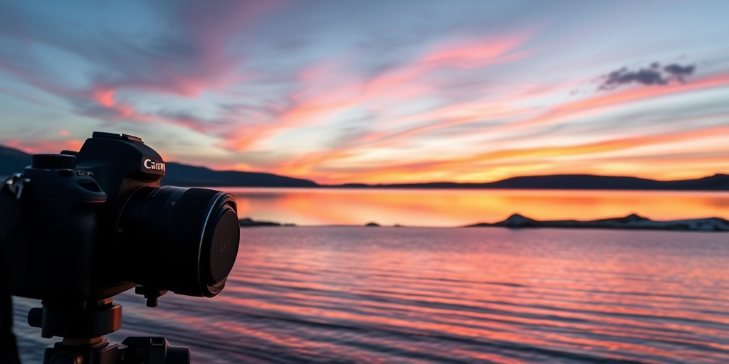 Capture a serene landscape of a lake at sunset with vibrant colors reflecting on the water, mountains in the background, using a DSLR camera, 35mm lens, f/8 aperture, ISO 100, and a shutter speed of 1/60 seconds for optimal clarity and depth.