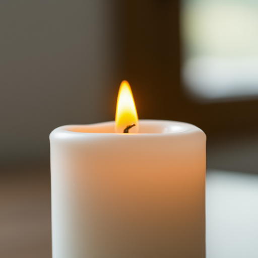 Regenerate an image of a simple white candle with a bright yellow flame, captured in a close-up view using a DSLR camera at f/2.8 aperture, ISO 100, 1/60s shutter speed, soft lighting, and minimal background, focusing on the candle's texture and flame details.