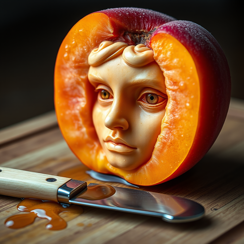 A hyperdetailed photorealistic macro color saturated high resolution image of a peach cut in half, with the peach pit being a highly detailed sculpted woman's face with her eyes open and peach-colored irises. The face has a marble texture. The image includes condensation, moisture, and peach juice. The peach is on a wooden cutting board with a small fruit knife nearby, also covered with juice.