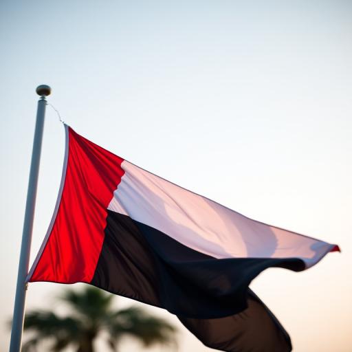 Create a high-resolution image of the UAE flag waving, with soft lighting, captured from a slightly elevated angle, using a DSLR camera with a 50mm lens, aperture set to f/2.8, ISO 100, and shutter speed at 1/250 seconds.