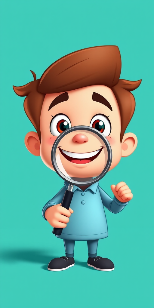 Create a cartoon character with a cheerful expression holding a magnifying glass, set against a solid teal background, using a DSLR camera with a 50mm lens, aperture f/1.8, ISO 100, and a soft focus effect.