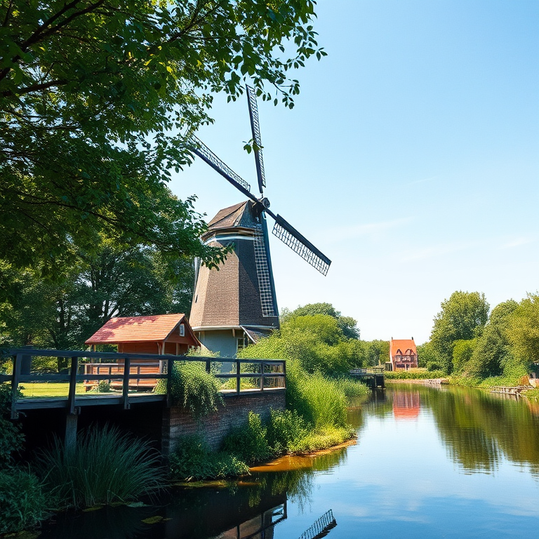 capture a watercolor landscape of a windmill by a serene river with lush greenery, use a Canon EOS R camera with a 24-70mm lens at f/8 aperture, ISO 100, 1/250s shutter speed, shot from a low angle to emphasize the height of the windmill and enhance colors in natural daylight.
