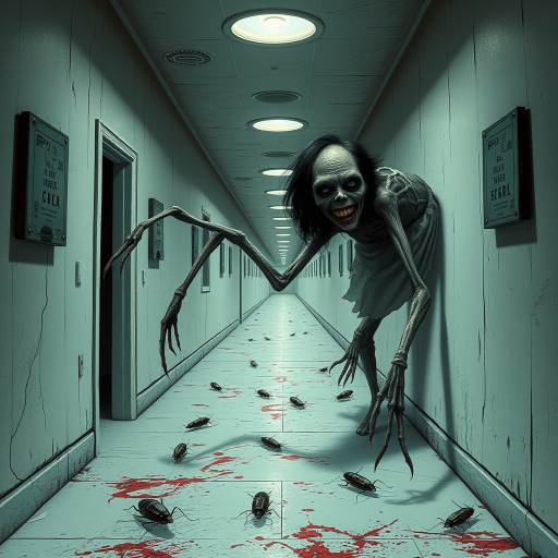 a crooked female with long arms and a creepy smile is crawling along a long white corridor and you can also see cockroaches in it there is a creepy atmosphere creepy art style