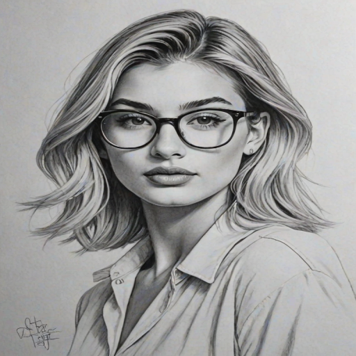 Superb Hailey Baldwin, pencil sketch, portrait of Enchanting woman 1938s in glasses, hair style beatnik, outline, clear lines, fine lines, 8k