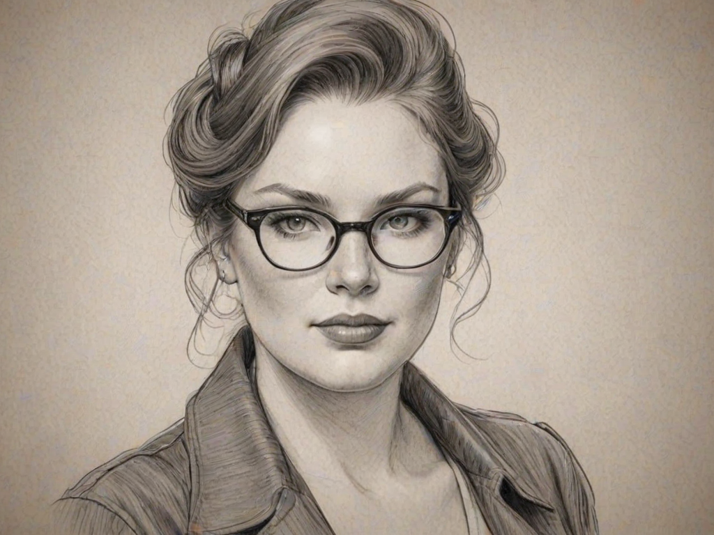 Exquisite Cassandra Clare, pencil sketch, portrait of Appealing woman 1943s in glasses, hair style beatnik, outline, clear lines, fine lines, 8k