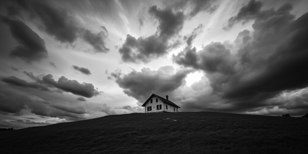 A solitary house on a hill under a dramatic cloudy sky, captured with a Canon EOS R5, 24mm lens, f/8 aperture, 1/125s shutter speed, ISO 200, with a low angle view, in black and white photography style.